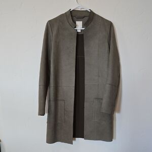 H&M Olive Open-Front Suede-Look Long Trench Coat